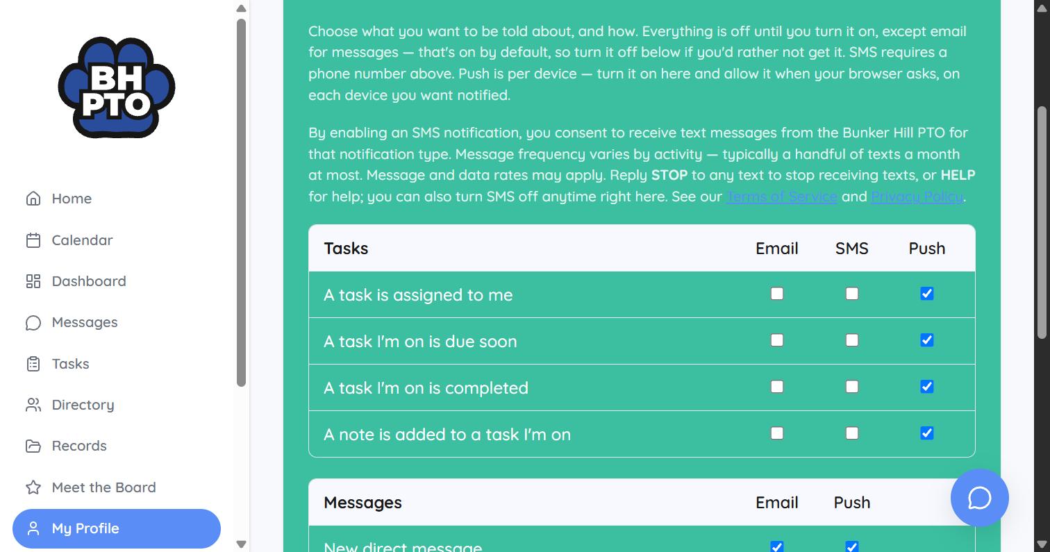 Screenshot of the Profile Notifications page with the SMS opt-in checkboxes and disclosure text